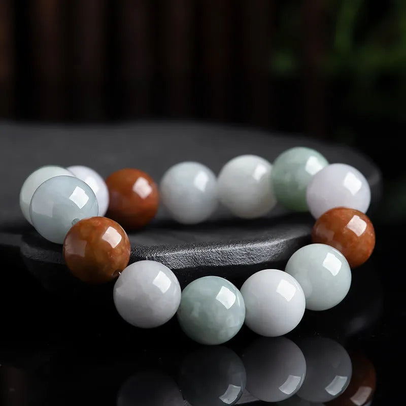 Women's natural Myanmar jade three-color bracelet with 13mm round beads and certificate