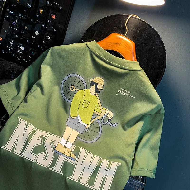 Green men's loose fit T-shirt with a Literary Youth graphic print on the front.