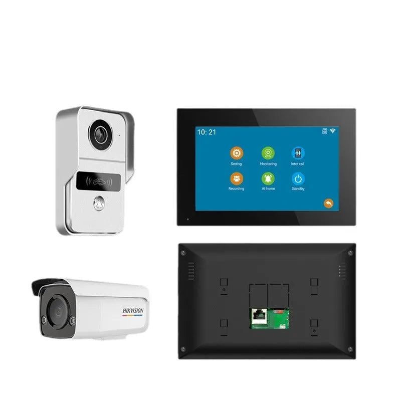10-inch display and outdoor unit of a wired 1080P video intercom doorbell system with installation tools.
