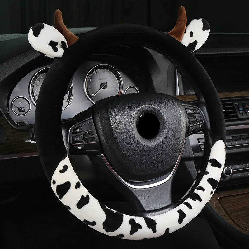 Plush car steering wheel cover with protective handle in black colour
