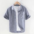 Man's casual linen shirt with square collar and short sleeves in raw jute colour