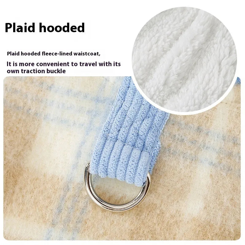 Blue corduroy dog hoodie with a black and white chessboard grid pattern and a hood.