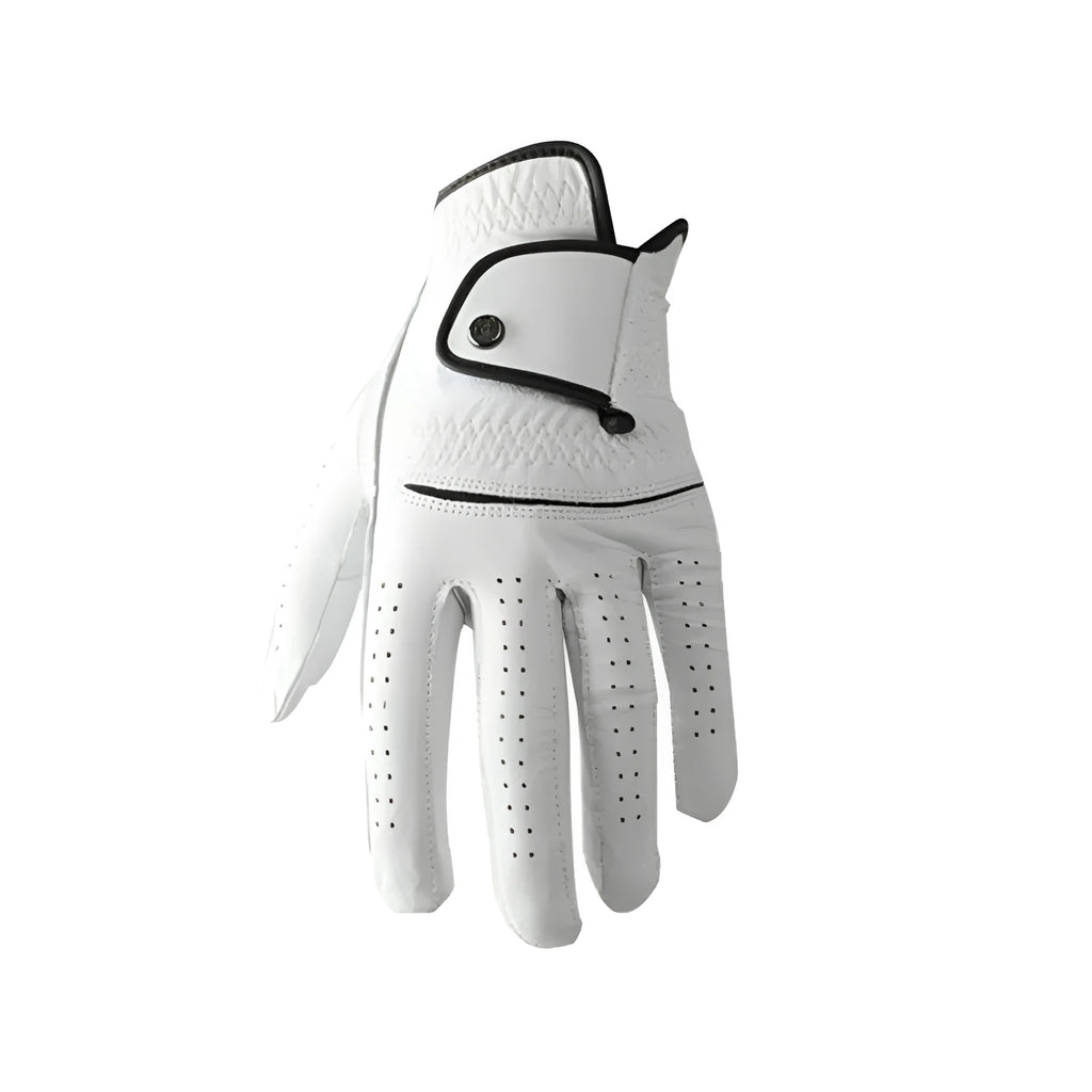 Men's white half sheepskin golf glove showing leather texture and non-slip palm