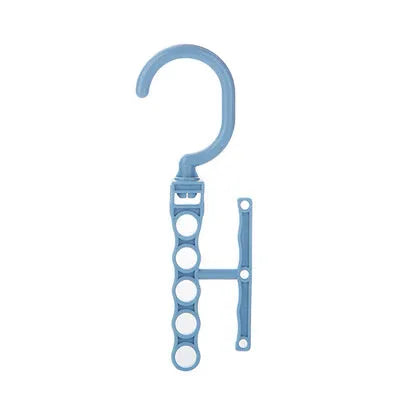 Blue revolving wardrobe hanger with five arms and a top handle on a white background