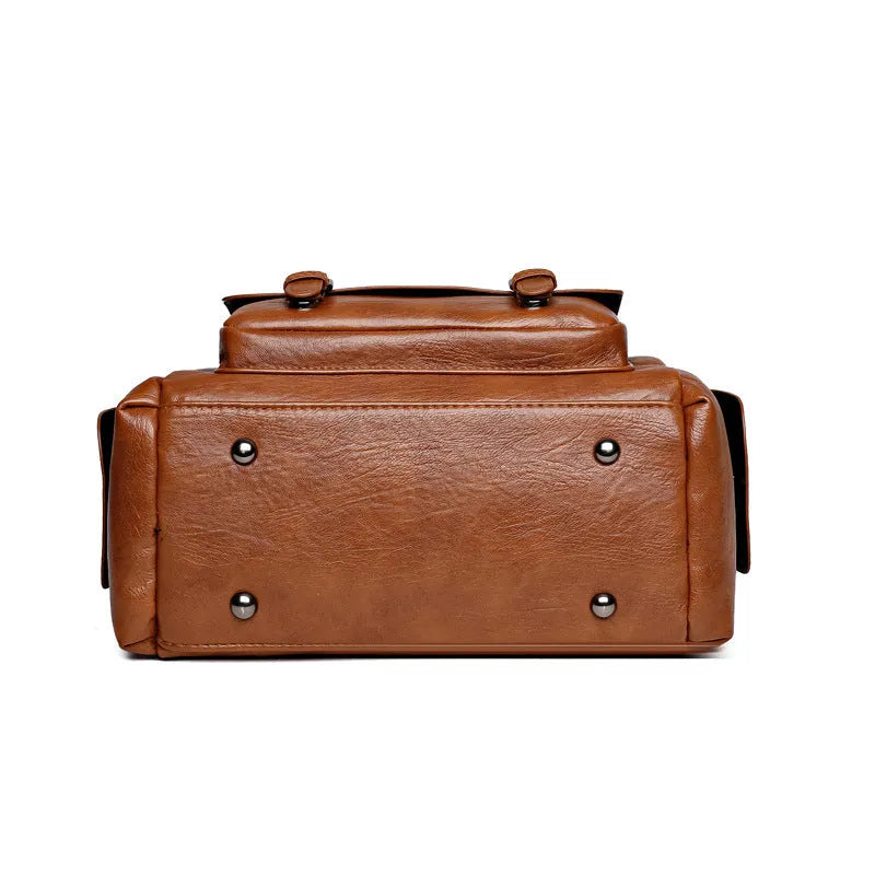 Large vintage-style PU leather messenger bag in a horizontal square shape with contrast stitching.