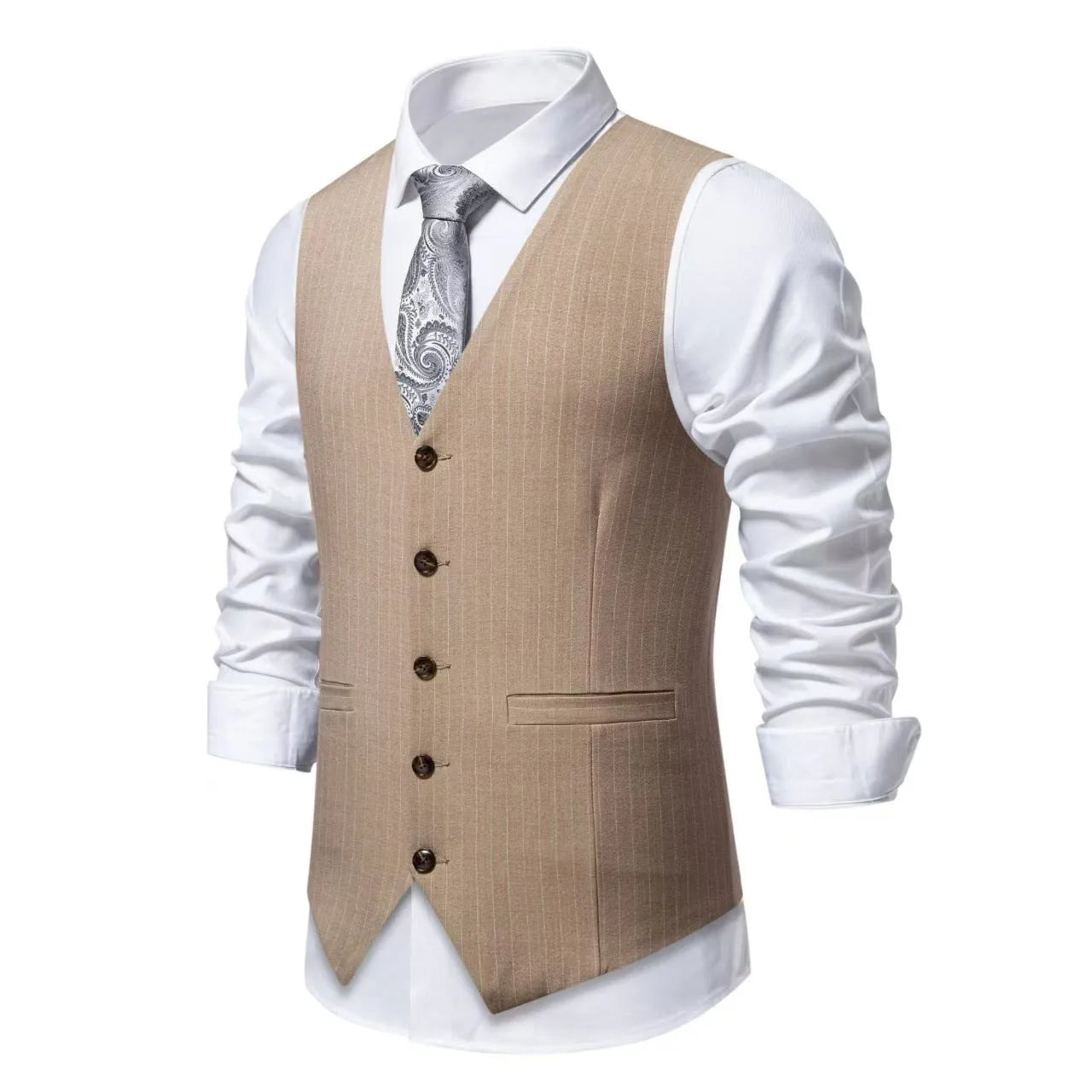 Man's striped suit vest with miter bottom hem in black, red, or khaki
