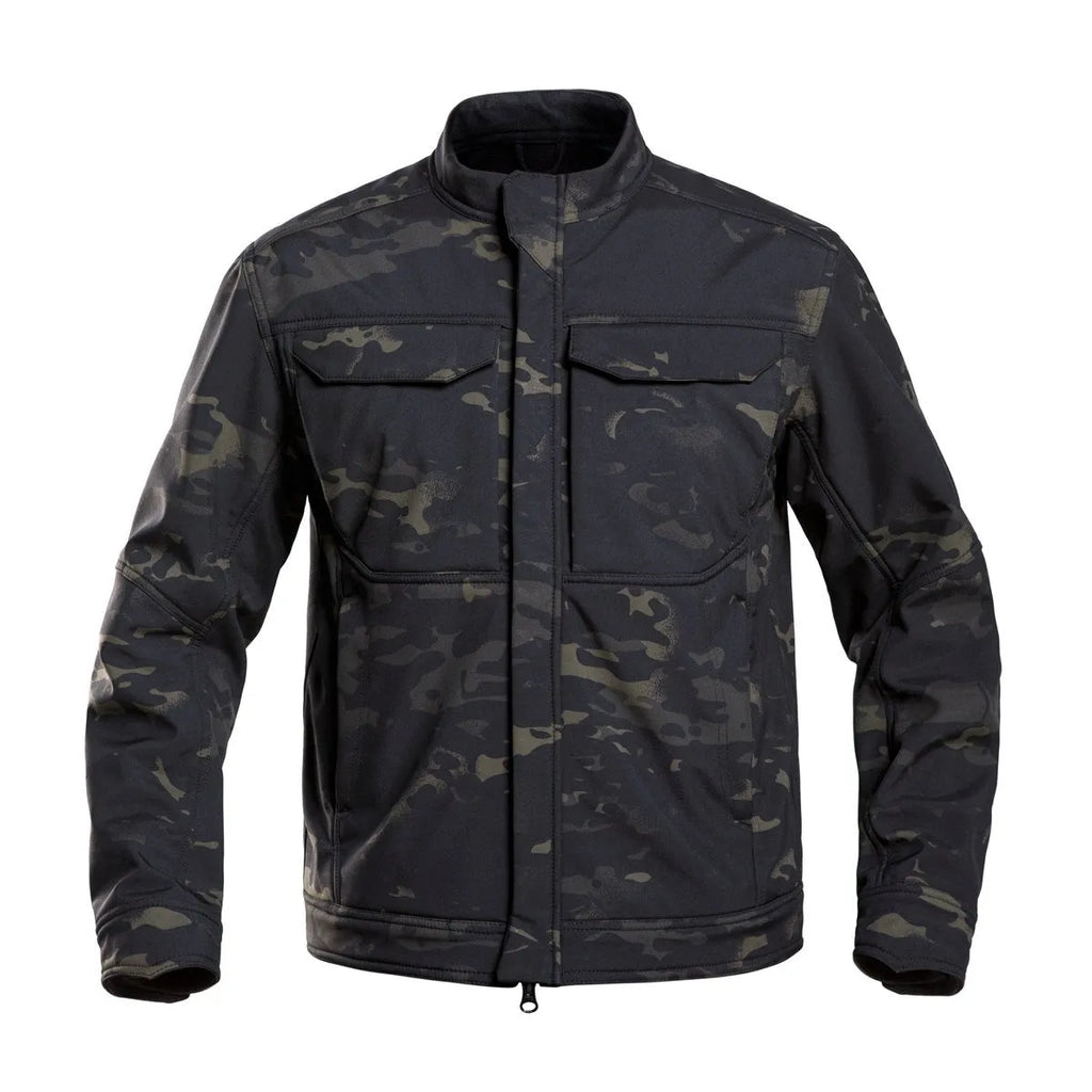Black soft shell tactical jacket for mountaineering and camping, showing cardigan style and windproof design.