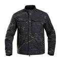 Black soft shell tactical jacket for mountaineering and camping, showing cardigan style and windproof design.