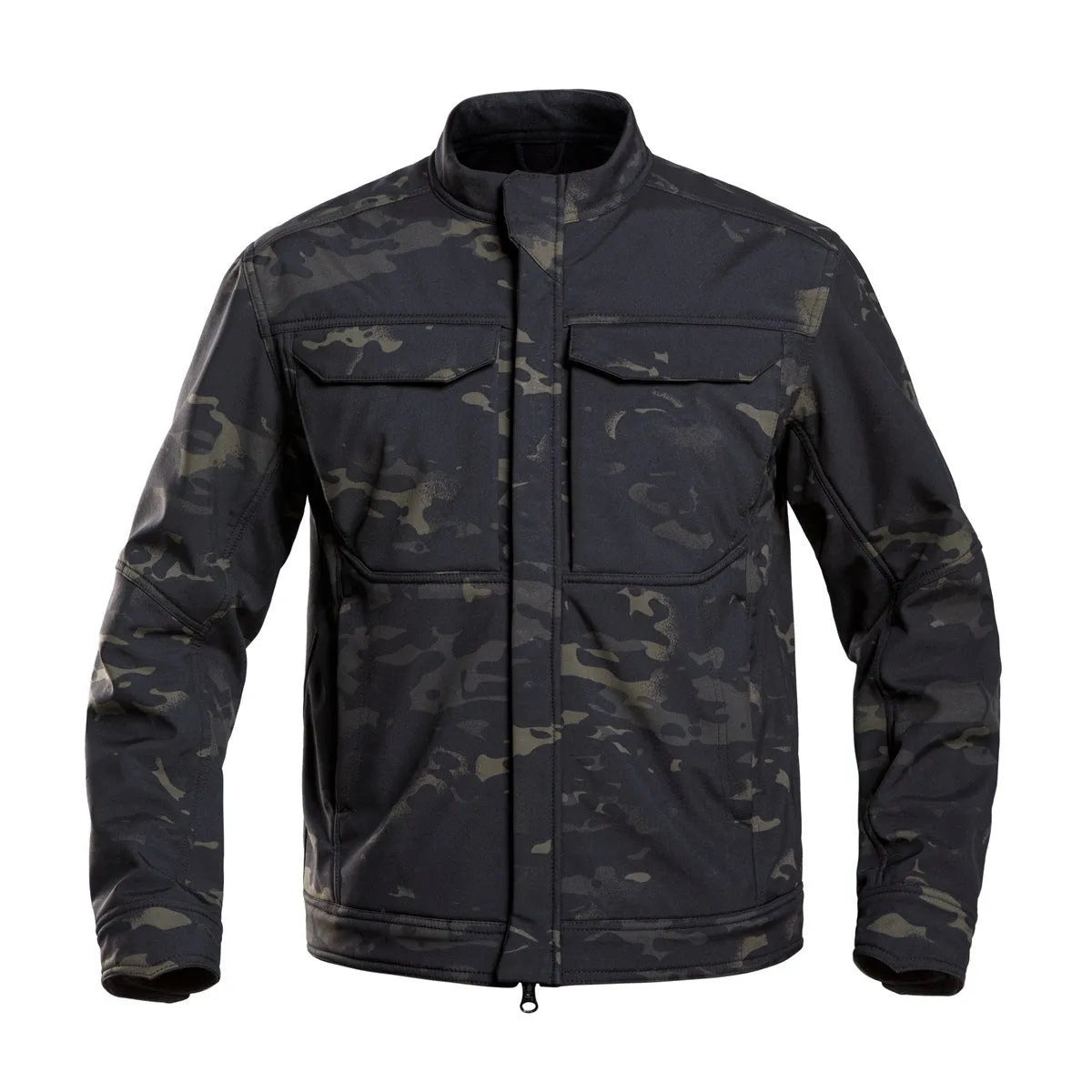 Black soft shell tactical jacket for mountaineering and camping, showing cardigan style and windproof design.