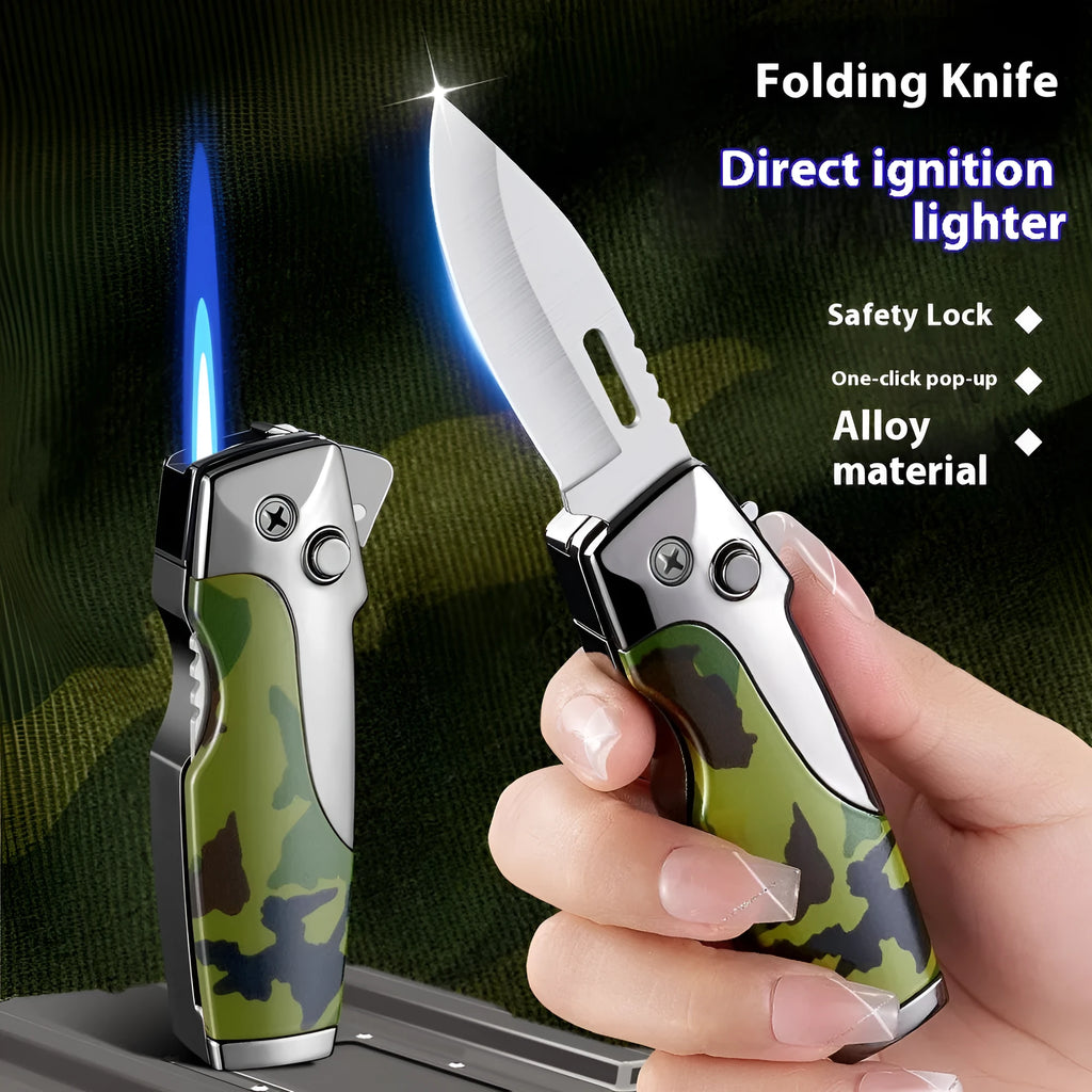 Zinc alloy folding lighter with jet flame and knife functions in closed position