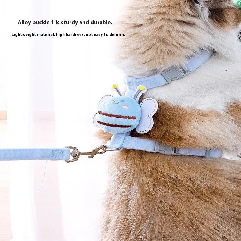Bee-shaped teddy cat lead in blue colour with adjustable strap and hand rope