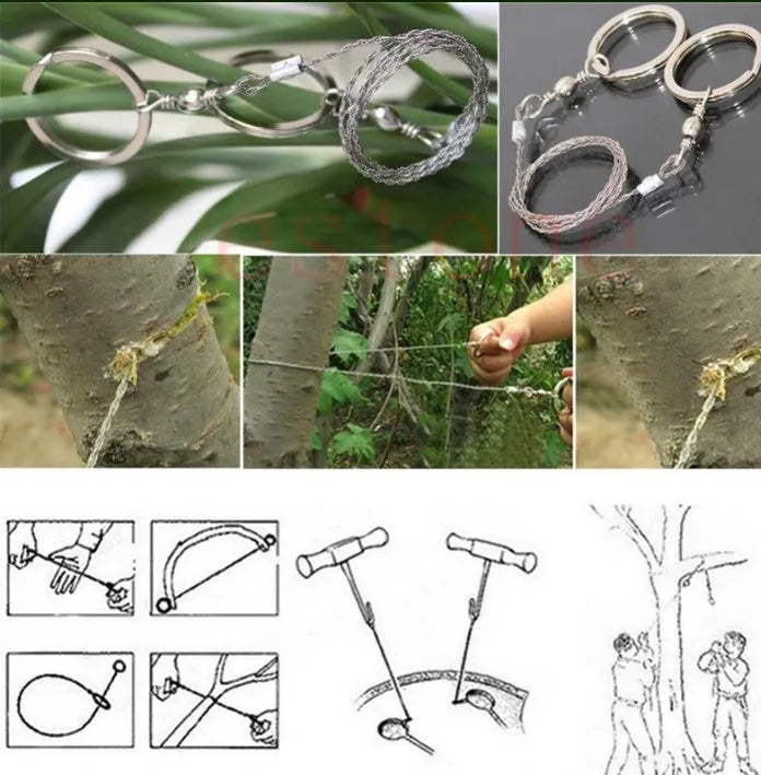 Stainless steel survival wire saw with thumb rings showing 55cm blade and compact storage size