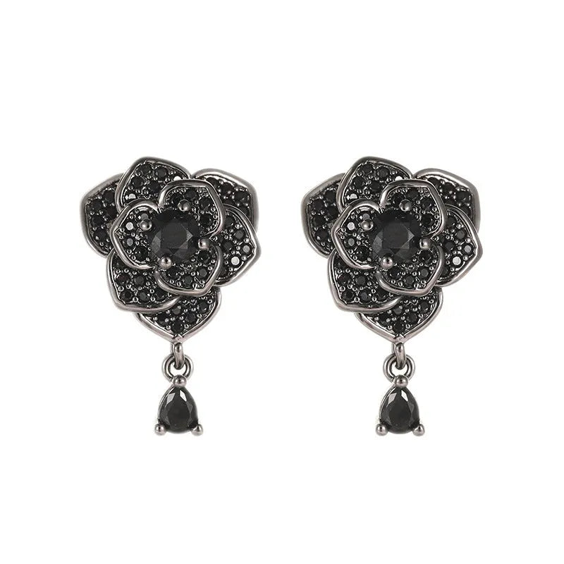 18K black rose zircon flower stud earrings for women, copper electroplated with cubic zirconia