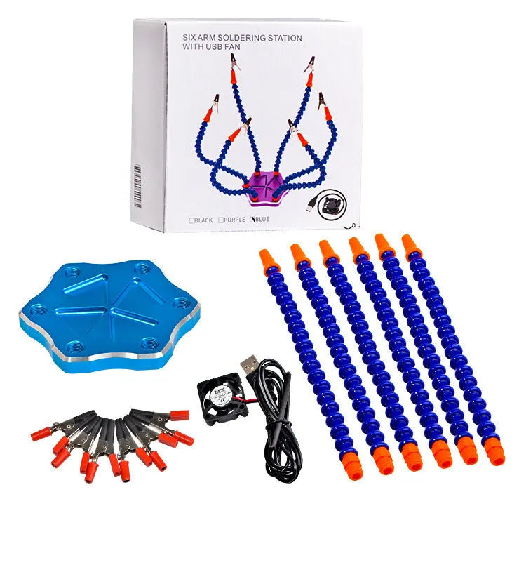 Black or purple six-claw aluminium welding station with adjustable arms for model repair.