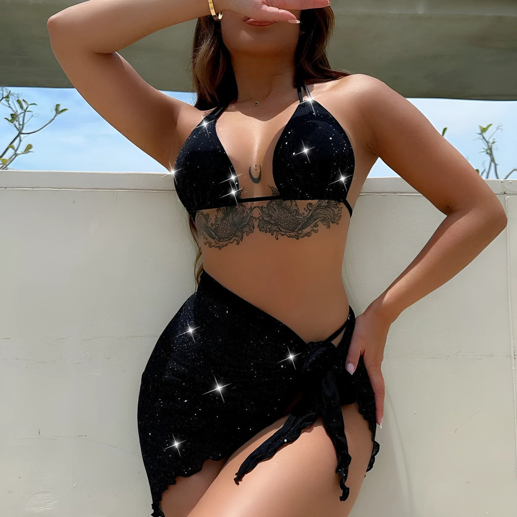Black polyester bikini three-piece swimsuit set with triangle top and matching shorts
