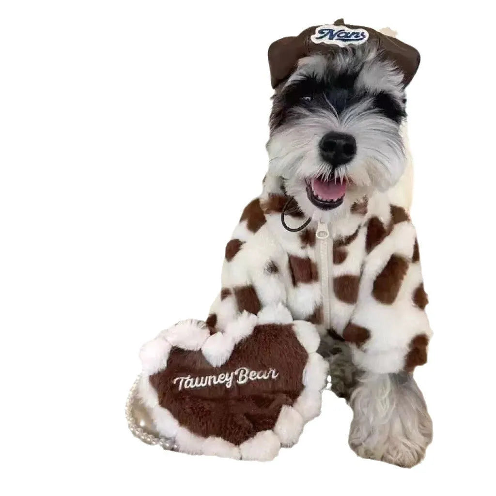 Polyester plush warm coat for small dog breeds in pink and brown colour options showing British-style design