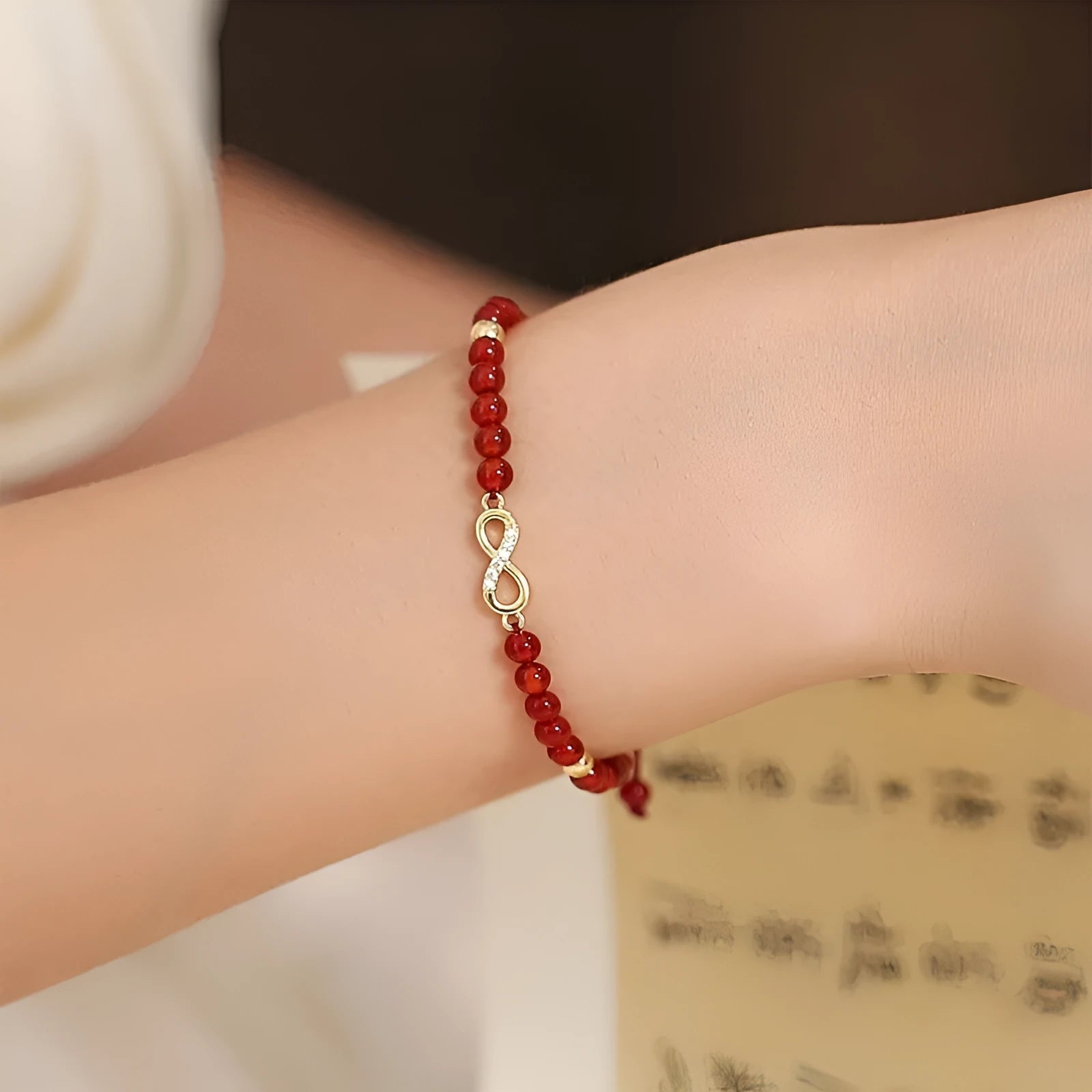 Natural red agate beads bracelet hand-woven diamond shape beads electroplating finish unisex ethnic style