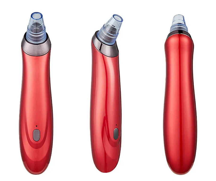 Electric blackhead extractor tool in black, gold, red, or white with interchangeable nozzles.