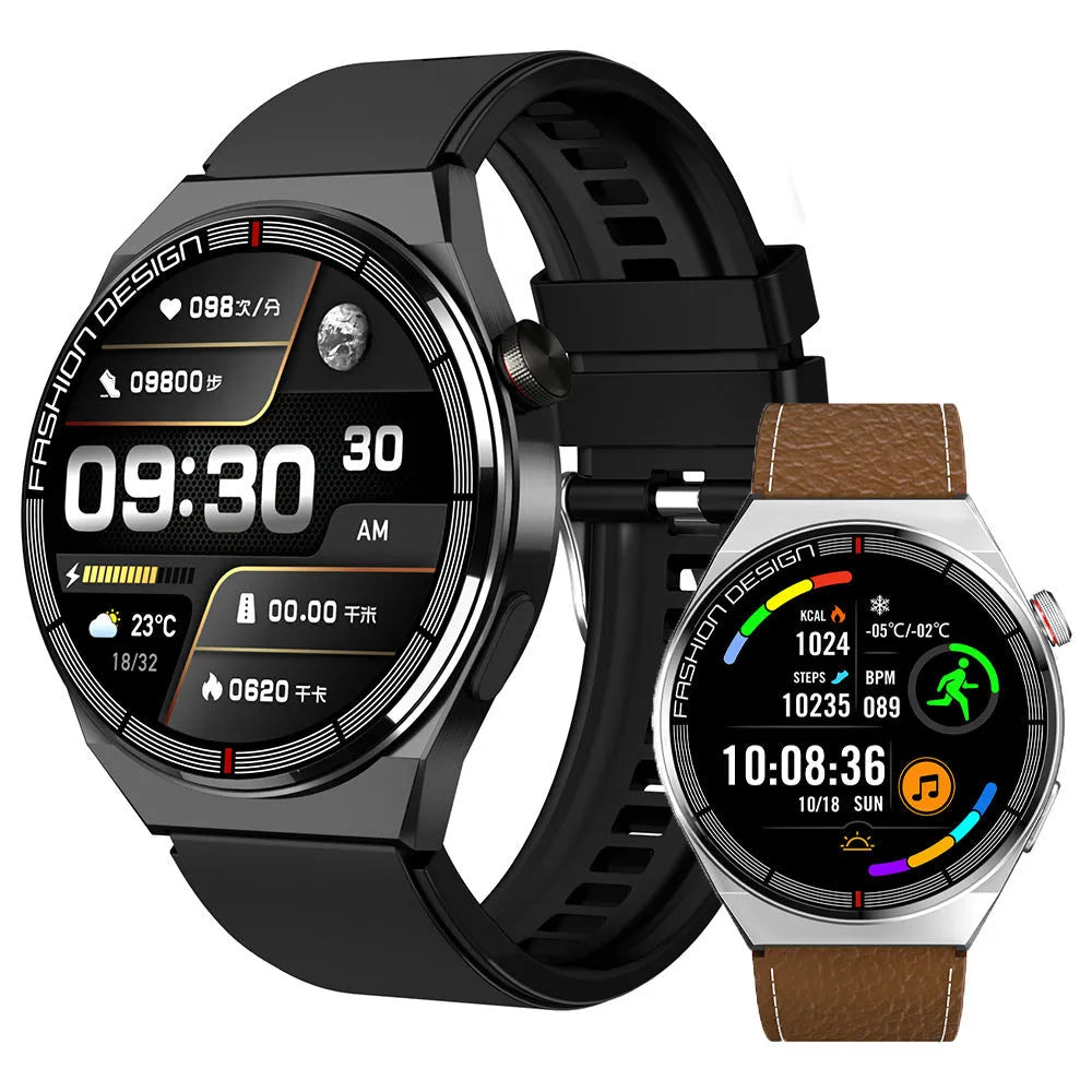 Black smartwatch with a silicone strap showing a heart rate reading on its 1.28-inch screen.