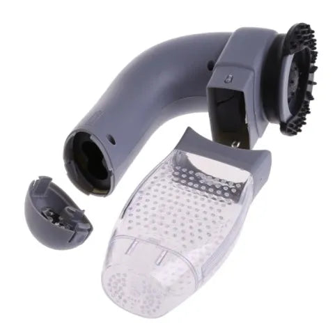 Grey portable electric pet hair remover brush with soft rubber head for grooming dogs and cats.