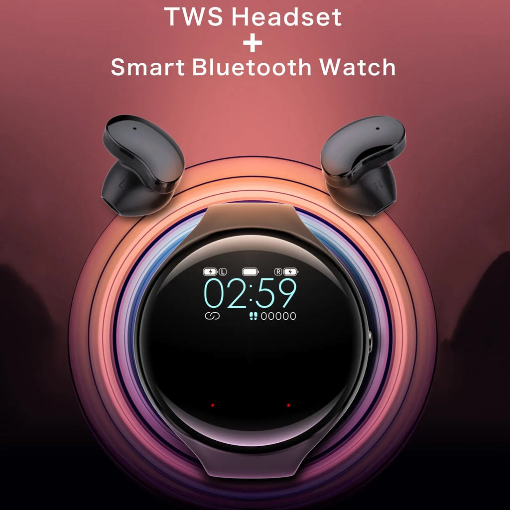 Black Bluetooth headset attached to a smart bracelet with colour screen for heart rate and step tracking.