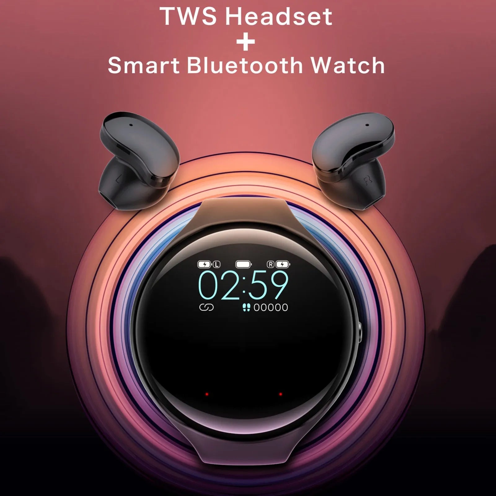 Black Bluetooth headset attached to a smart bracelet with colour screen for heart rate and step tracking.