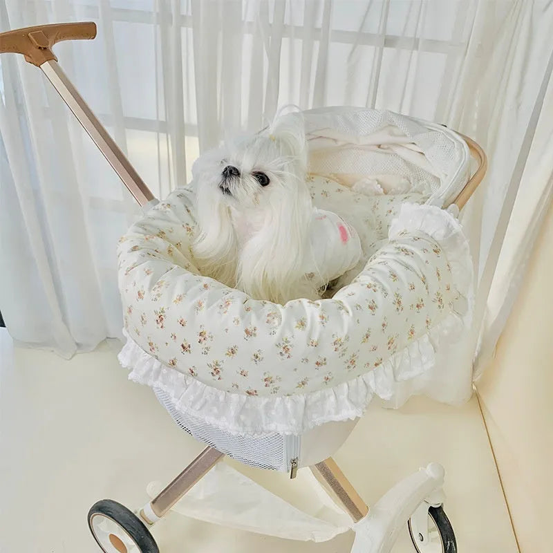 Pure cotton pet stroller three-piece set showing anti-dirty towel, cushion and pillow in striped pattern