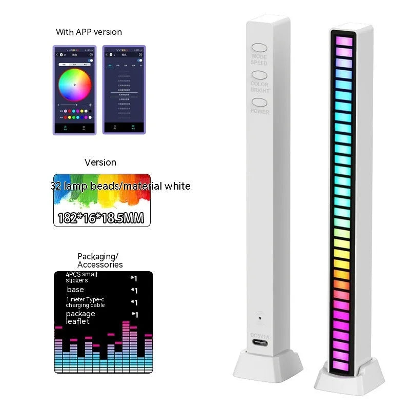LED sound control light bar with RGB ambient pickup, USB powered, black finish, 32 lights, on a desk next to a laptop