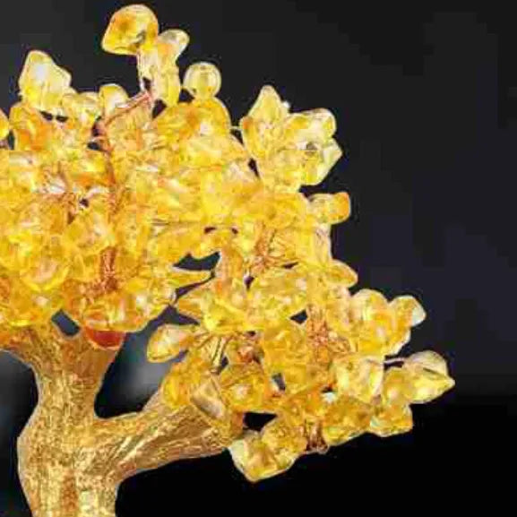 Citrine coloured resin Feng Shui money tree ornament with small water turtle design
