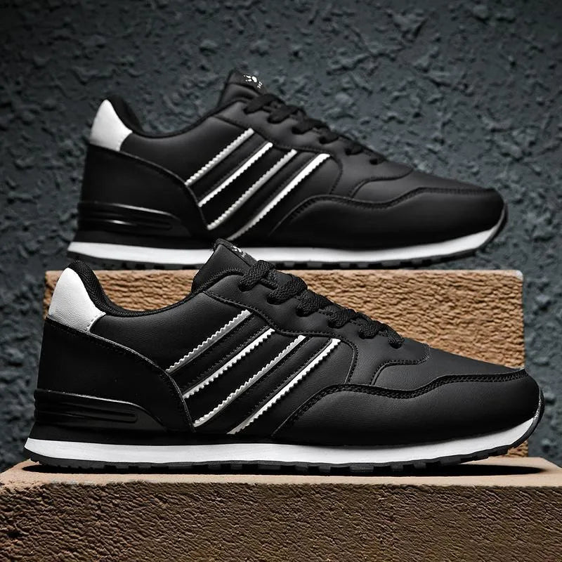 Leather men's casual lightweight running sports shoes with carved wing pattern, super high heel, round toe, in black and white sizes 39-47