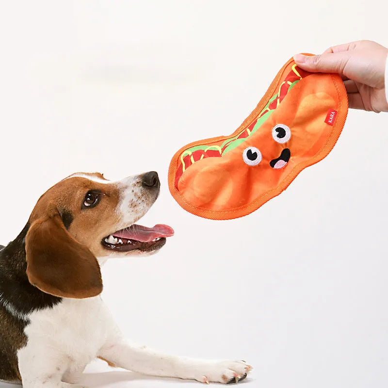 Hamburger-shaped crinkle dog toy with dual squeaker and crinkle sound, no stuffing