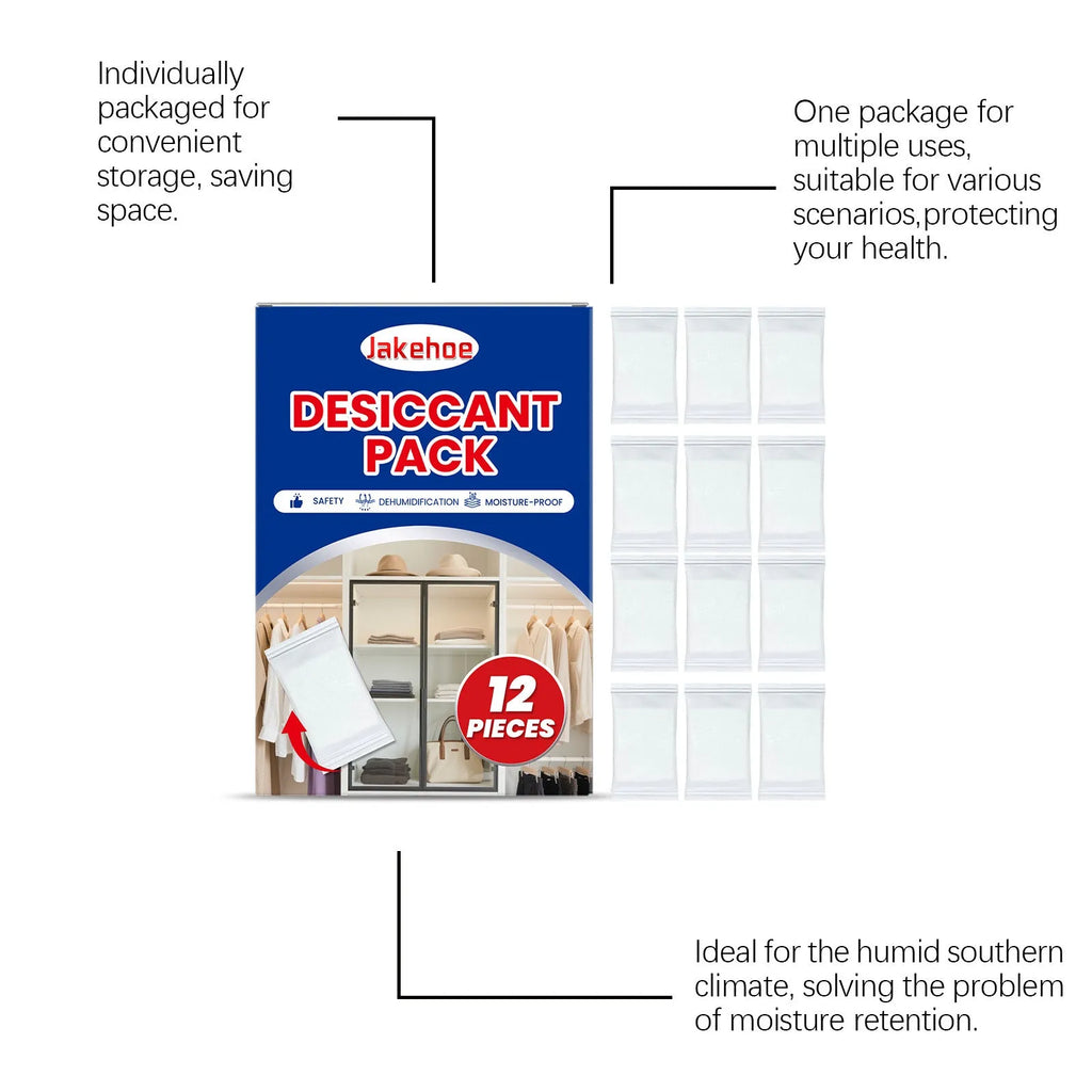 Pack of 12 calcium chloride anti-odor desiccant sachets for household moisture absorption.