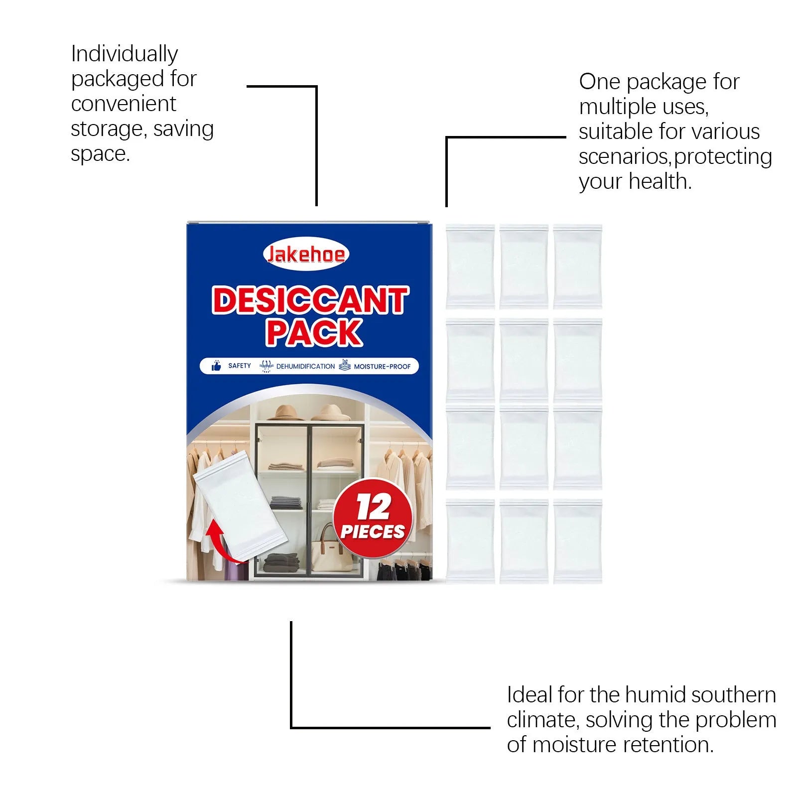 Pack of 12 calcium chloride anti-odor desiccant sachets for household moisture absorption.