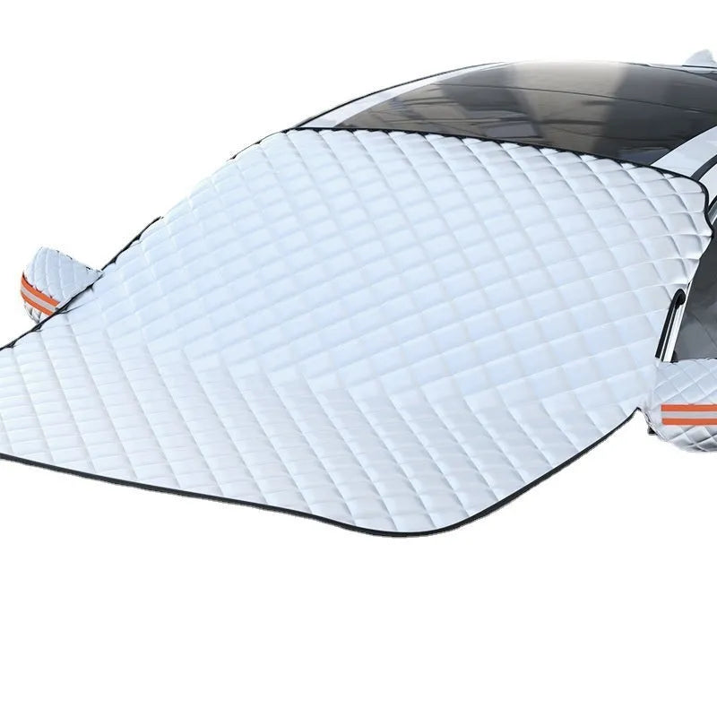 Thickened aluminium foil front windshield winter cover for SUV cars with reflective stripes and magnets.