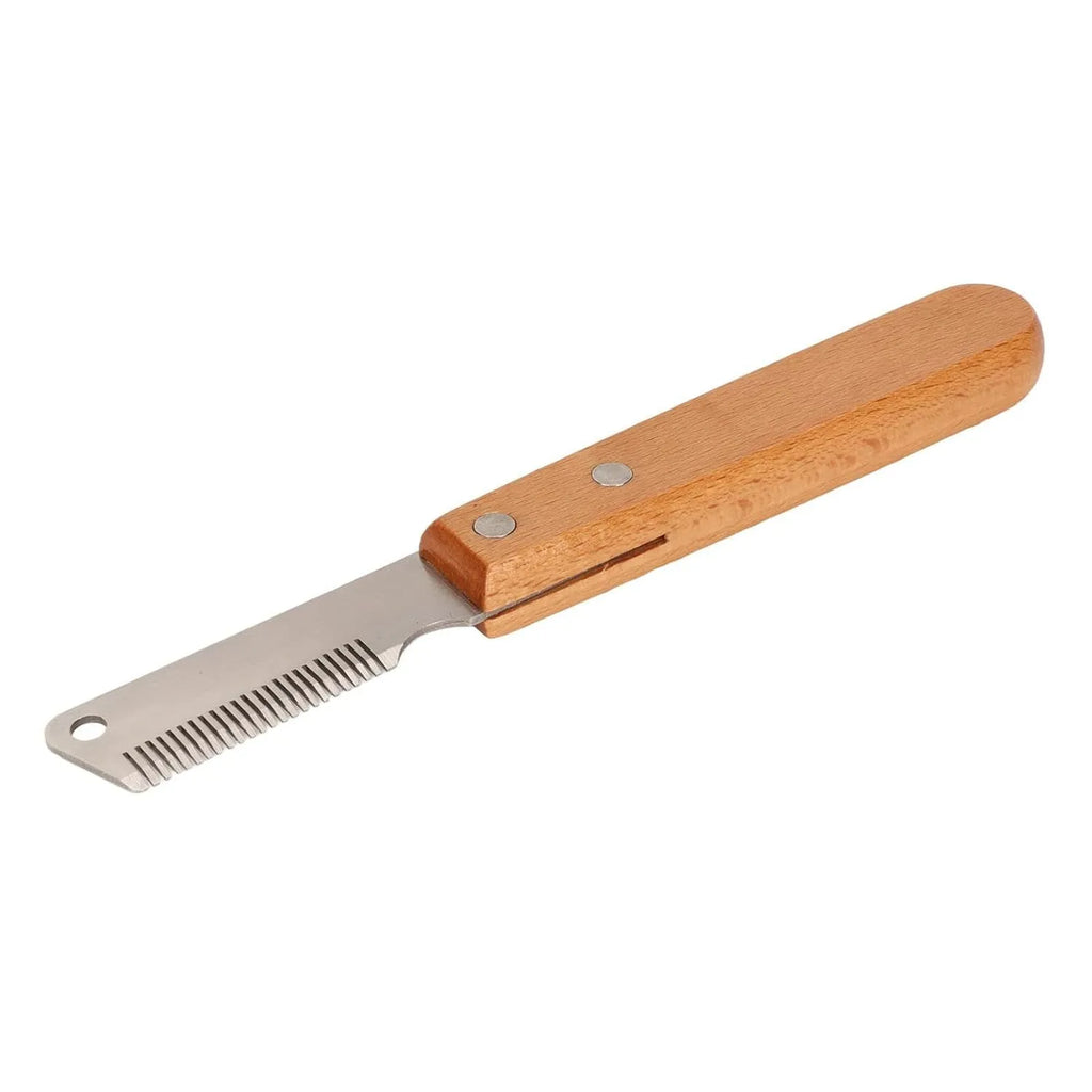 Dog stripping knife with wood handle for grooming long-haired pets in two size options