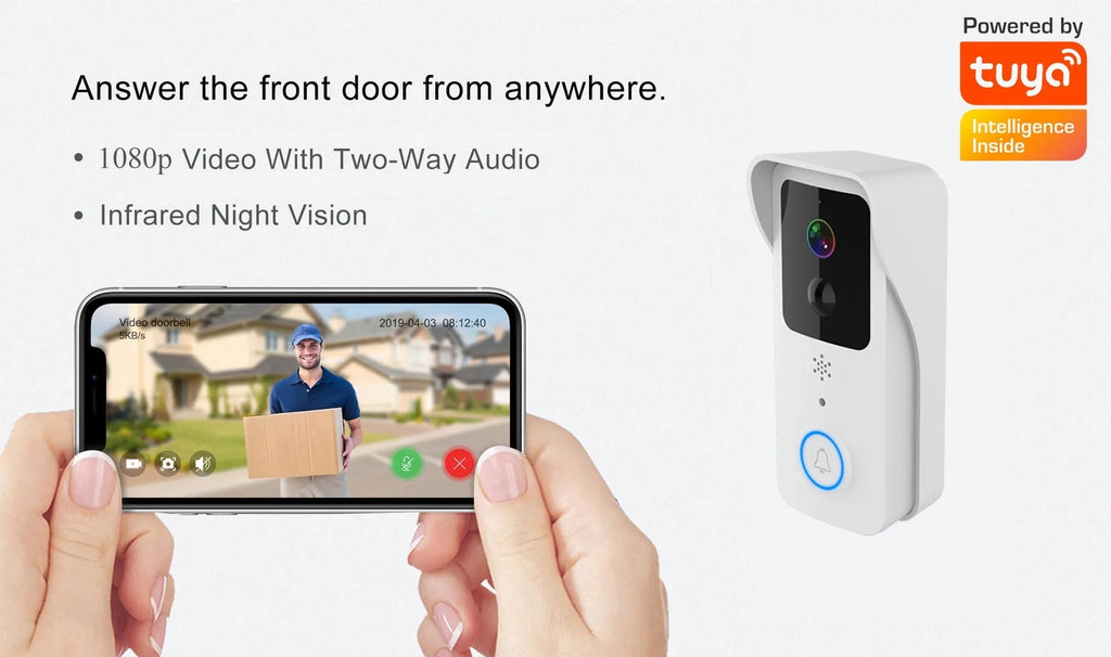 White waterproof HD visual doorbell with intercom, camera, and 18650 battery for home security