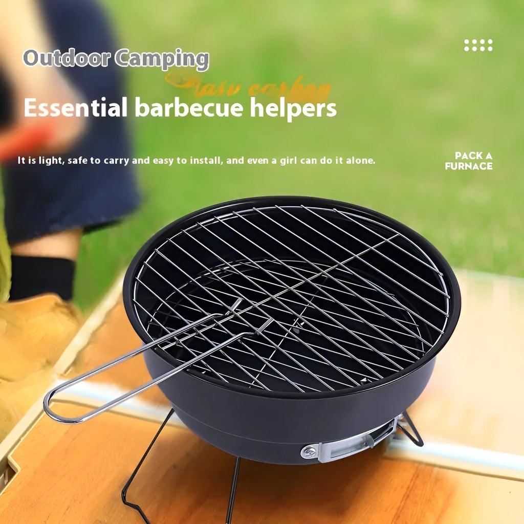 Small round folding ice stove with grill, leg, clip, and storage bag for portable outdoor cooking.