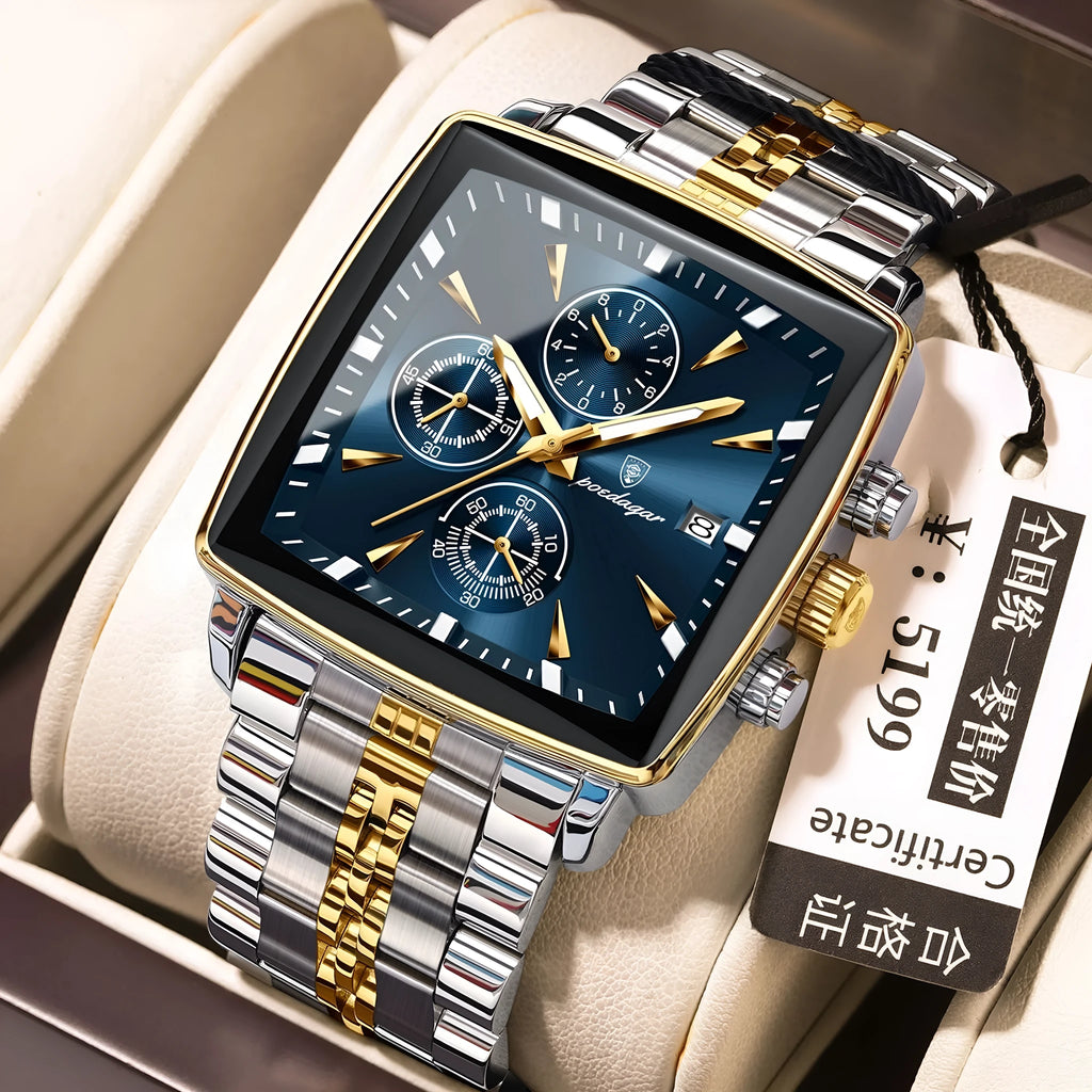 Square men's business watch with stainless steel strap and butterfly buckle on wrist.