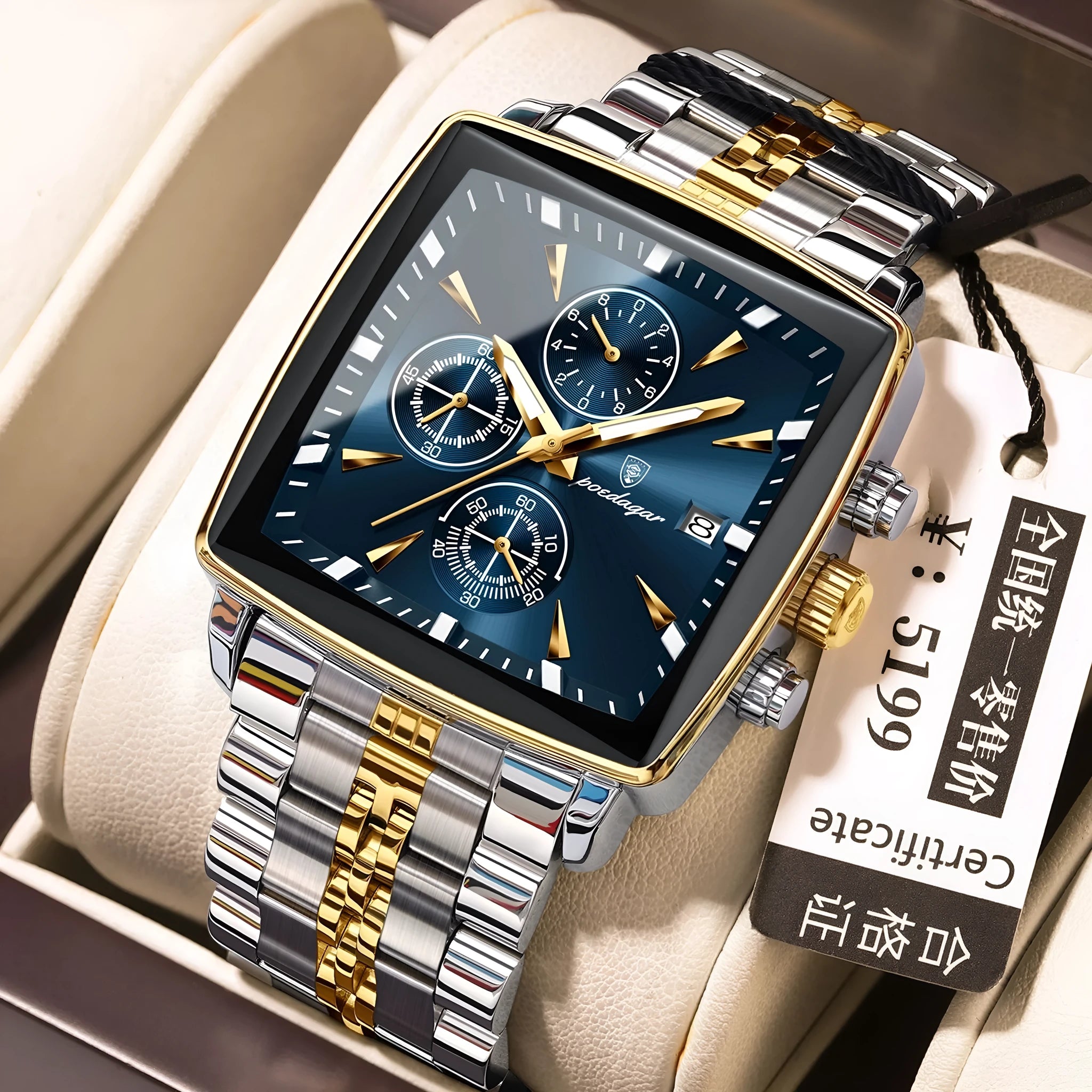 Square men's business watch with stainless steel strap and butterfly buckle on wrist.