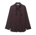 Women's brown solid colour poplin shirt with bow tie and long sleeves, loose fit