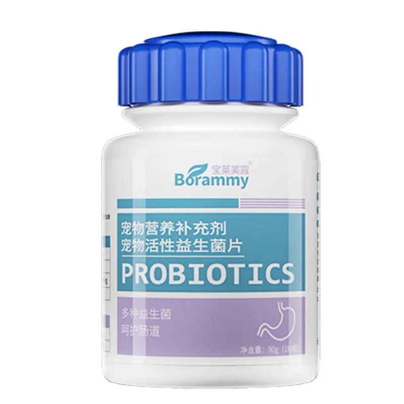 Bottle of pet probiotic tablets containing 180 tablets for animal digestive health support