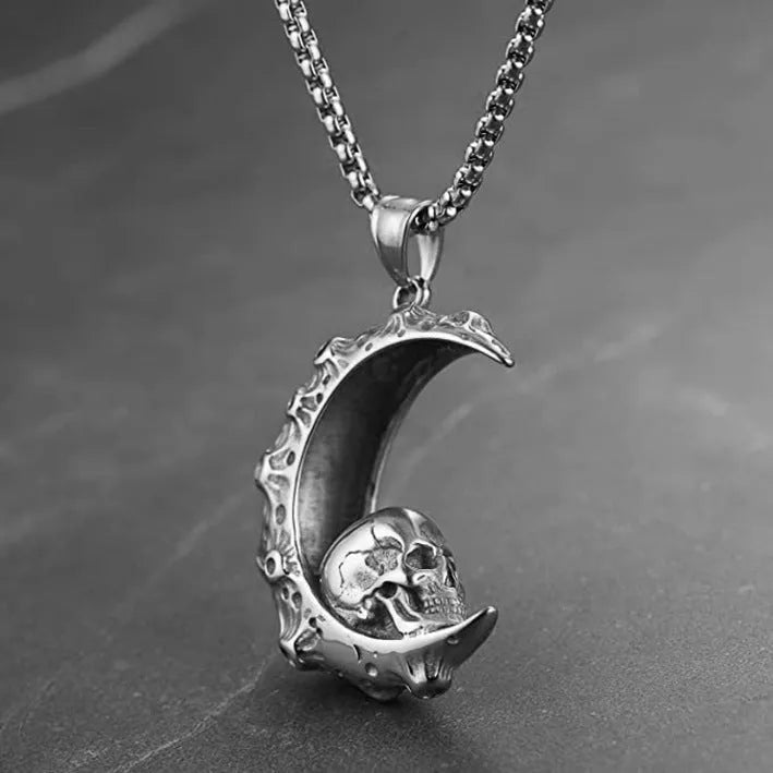 Men's silver stainless steel necklace with alloy pendant showing six design options including skull, dagger, and Hot Wheels