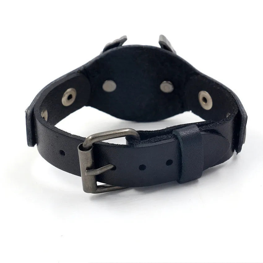 Black leather bracelet with alloy eagle watch-style clasp, geometric shape design