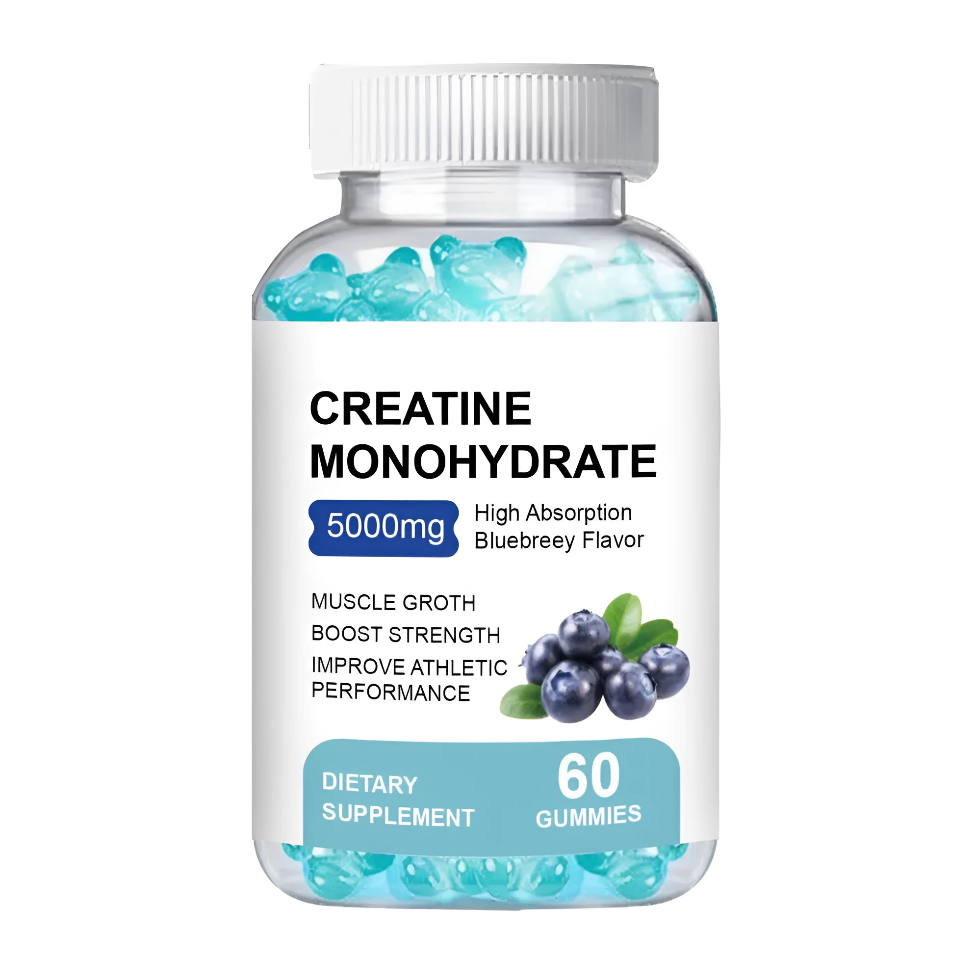 Container of creatine monohydrate supplement gummies showing 60 soft chew pieces.