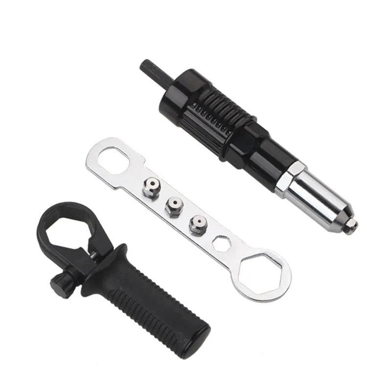 Black metal electric drill rivet gun attachment, 173mm long, with alloy steel head and wrench.