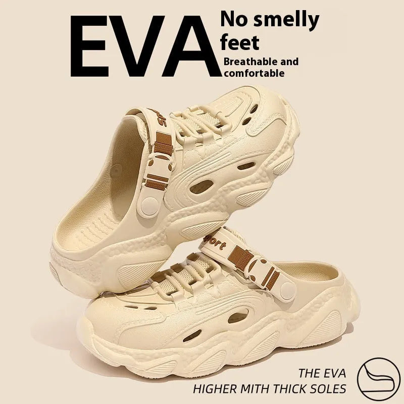 Men's khaki outdoor slippers with a hollow out design and textured EVA sole.