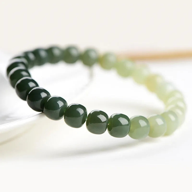 Natural Hetian jade bracelet with polished gradient clear water beads in unisex casual style