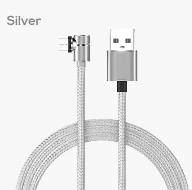 Black magnetic charging cable with L-shaped connector next to smartphone showing magnetic docking.