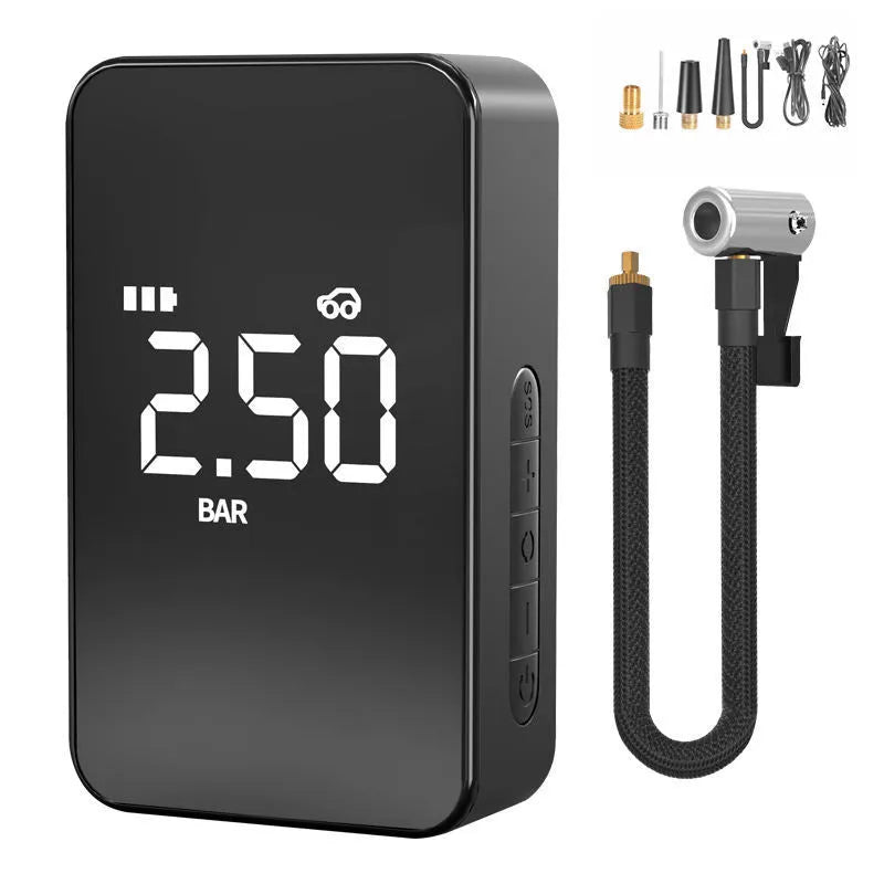 Black wireless digital tyre inflator pump with display screen, hose, and nozzles on a flannelette bag.