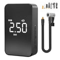 Black wireless digital tyre inflator pump with display screen, hose, and nozzles on a flannelette bag.